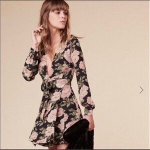 Reformation Black and Pink Floral Long Sleeve Wrap Dress